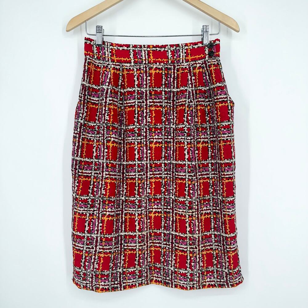 Vintage RODIER 100% Silk 80s 90s Plaid Abstract Print Pencil Mini Skirt, Red